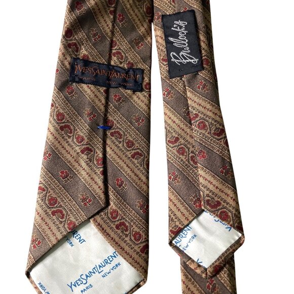 Vintage Yves Saint Laurent Men's Vintage Floral and Stripes Silk Tie Brown & Red - Picture 3 of 6